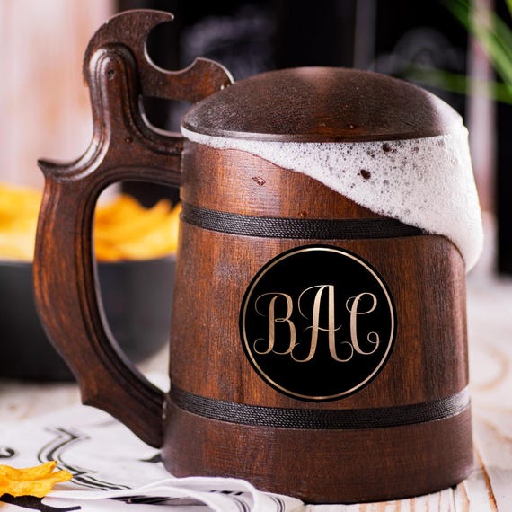 Christmas Beer Mug for Men, Personalized Beer Stein, Wooden Tankard - Groomsmen Gift, Handle Beer Mug with Lid
