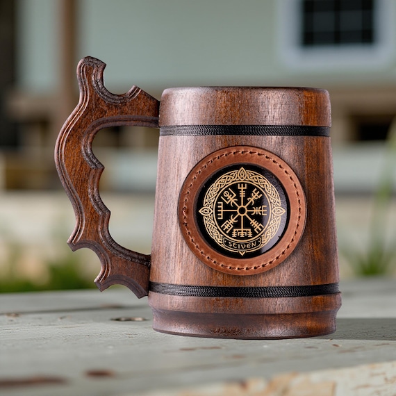 Personalized Vegvisir Wooden Beer Mug 22oz | Handmade Viking Stein with Steel Liner