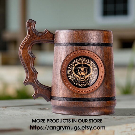 Bear Celtic Wooden Beer Mug 22oz | Personalized Viking Stein with Steel Liner