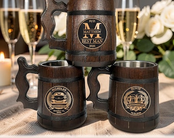 Jarra de cerveza de madera grabada personalizada, regalo para padrinos de boda, regalo para padrinos de boda, despedida de soltero