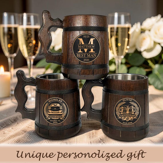 Custom Engraved Wooden Beer Mug, Groomsman Gift, Best Man Present, Bachelor Party