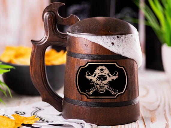 Pirate Skull With Bones Beer Mug With Lid, Beer Gift For Anniversary, Personalized Beer Mug, Wooden Gift For Men, Custom Beer Tankard