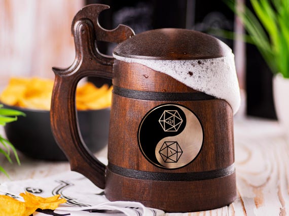 Ying Yang Beer Stein With Lid, Personalized Dungeons and Dragon Tankard, Twenty Sided Dice Beer Mug, Video Gamer Beer Gift