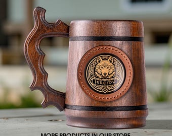 Personalized Wolf Beer Mug, Handmade  Wooden Oak Tankard, Celtic Knot Engraved