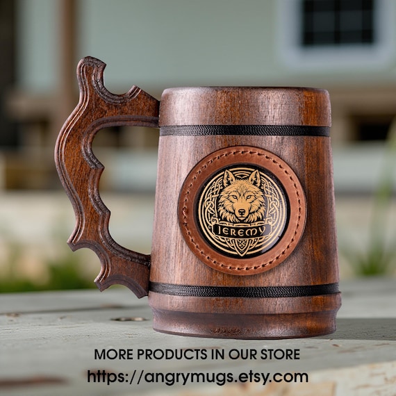 Personalized Wolf Beer Mug, Handmade  Wooden Oak Tankard, Celtic Knot Engraved