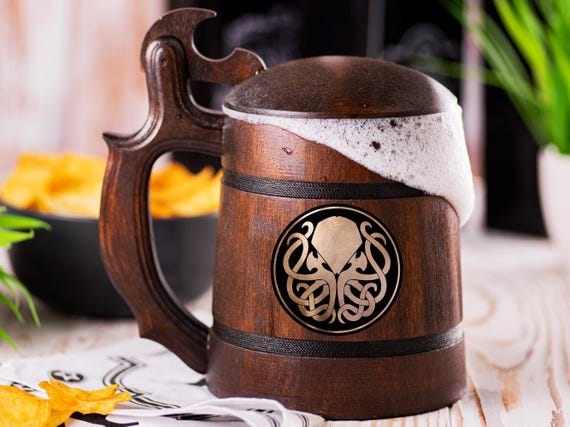 Cthulhu Beer Mug With Lid, Personalized Beer Stein, Wooden Tankard