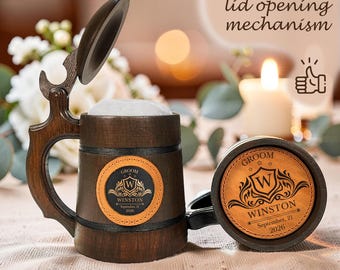 Personalized Groomsmen Beer Mug, Handmade Oak Stein with Lid, Custom Wedding Gift