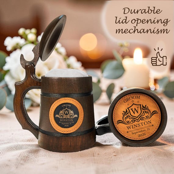 Personalized Groomsmen Beer Mug, Handmade Oak Stein with Lid, Custom Wedding Gift