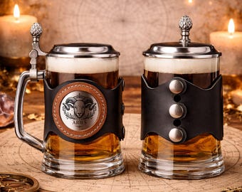 Zodiac Engraved Beer Glass with Lid, Removable Leather Wrap, Custom Name, 500ml