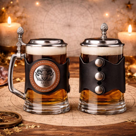 Zodiac Engraved Beer Glass with Lid, Removable Leather Wrap, Custom Name, 500ml