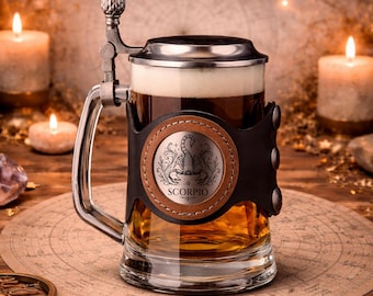 Zodiac Sign Beer Glass Mug with Lid, Custom Engraving, Leather Strap, 500 ml