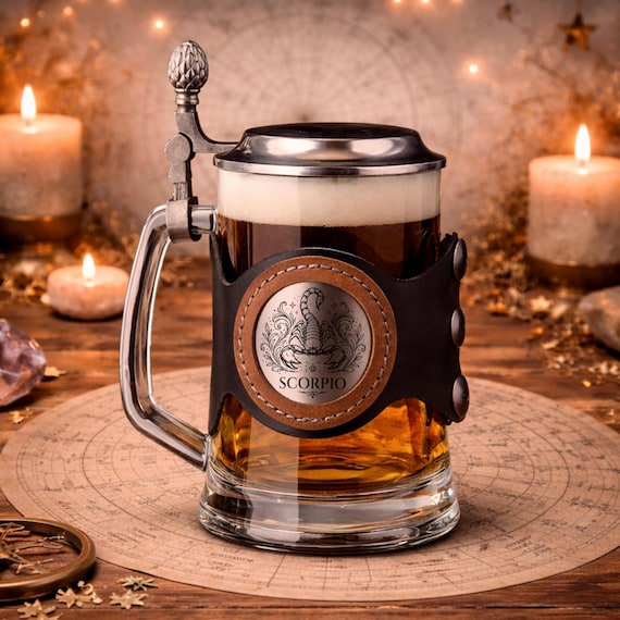Zodiac Sign Beer Glass Mug with Lid, Custom Engraving, Leather Strap, 500 ml