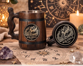 Zodiac Sign Engraved Beer Mug, Personalized Oak Tankard, 500ml Gift