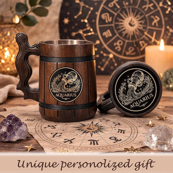 Zodiac Sign Engraved Beer Mug, Personalized Oak Tankard, 500ml Gift