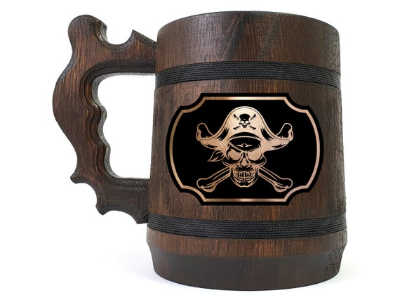 Pirate Skull & Bones Beer Mug, Wedding Stein, Gift Idea For Best Men, Personalized Tankard, Wooden Gift For Groomsman, Groom Gift