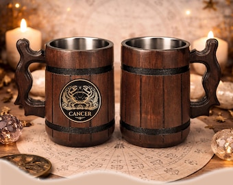 Handmade Oak Beer Mug with Zodiac Engraving, Stainless Steel Liner, Custom Gift