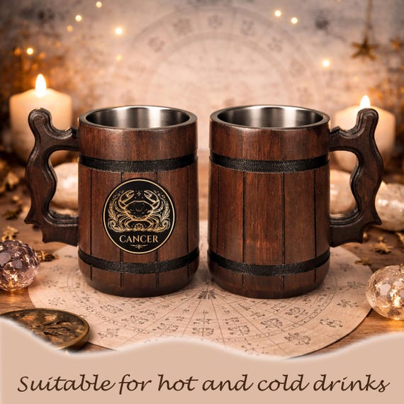 Handmade Oak Beer Mug with Zodiac Engraving, Stainless Steel Liner, Custom Gift