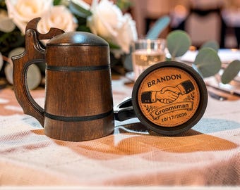 Custom Engraved Oak Beer Stein with Lid, Wedding Party Gift for Groom & Groomsmen