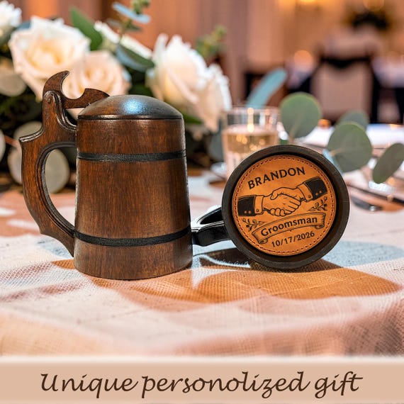 Custom Engraved Oak Beer Stein with Lid, Wedding Party Gift for Groom & Groomsmen