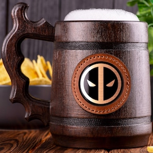 Deadpool Beer Mug, Personalized Stein, Wooden Tankard