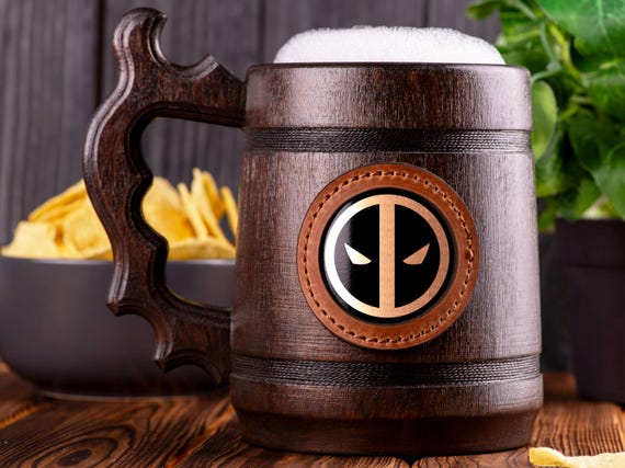 Deadpool Beer Mug, Personalized Stein, Wooden Tankard