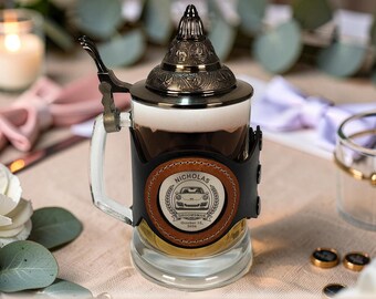 Wedding Beer Glass with Lid & Name Engraving, 17 oz Stein, Groomsman Gift for Men