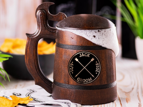 Arrows Beer Mug With Lid, Beer Gift For Groomsman, Personalized Beer Mug, Wooden Gift For Men, Wedding Beer Tankard, Gift For Best Man