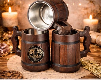 Astrology Gift Beer Mug, Engraved Zodiac Oak Mug with Steel Inner Cup, 500ml