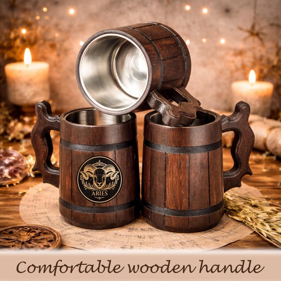 Astrology Gift Beer Mug, Engraved Zodiac Oak Mug with Steel Inner Cup, 500ml