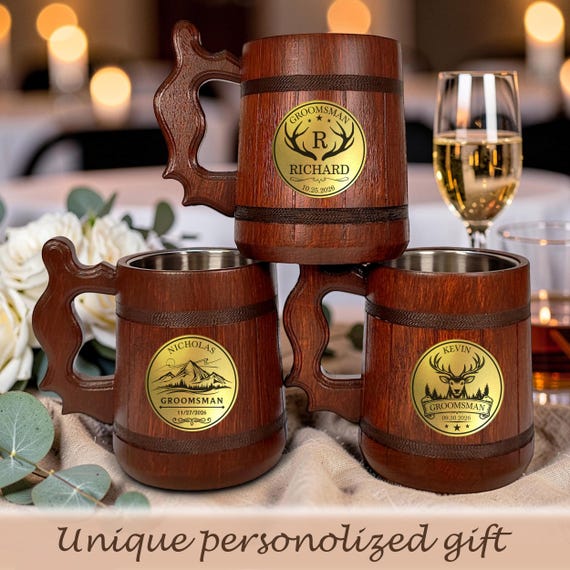 Custom Engraved Red Oak Tankard, Bachelor Party & Groom Gift, 17 oz