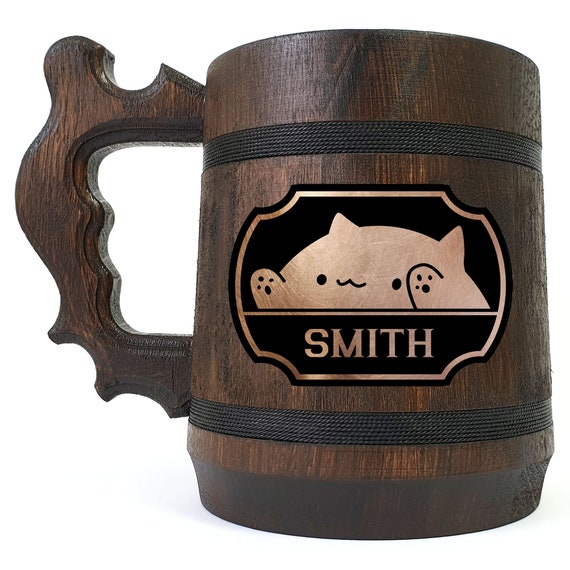 Bongo Cat Mug, Personalized Beer Stein, Fun Beer Mug, Custom Tankard, Wooden Gift For Men, Anniversary Gift For Daddy