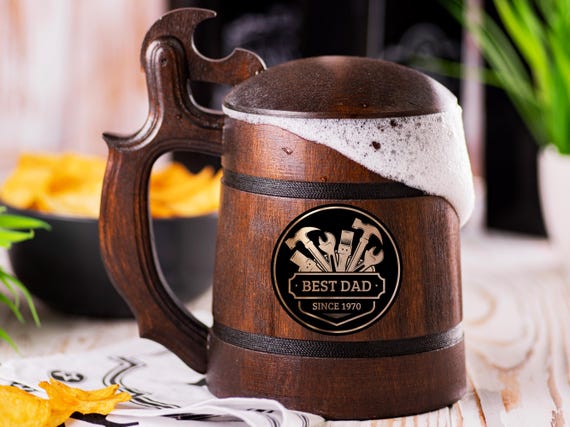 Tools Beer Mug With Lid, Personalized Father's Stein, Gift For Anniversary, Wooden Gift For Men, Custom Beer Tankard, Gift For Daddy