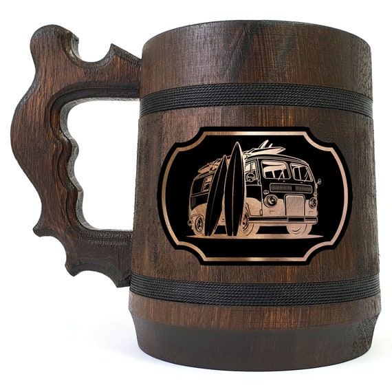 Surfing Bus Beer Mug , Gift From Daughter, Gift For Daddy, Personalized Beer Stein, Wooden Beer Tankard