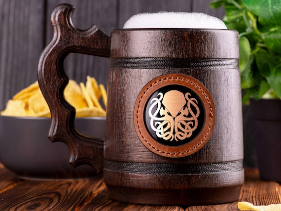 Cthulhu Beer Mug, Gift For Daddy From Daughter, Personalized Stein, Wooden Beer Tankard, Groomsmen Gift