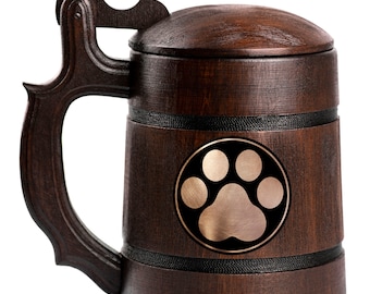Cat Paw Beer Mug With Lid, Personalized Groomsman Stein, Wedding Beer Set, Wooden Gift For Men, Custom Beer Tankard, Gift For Daddy