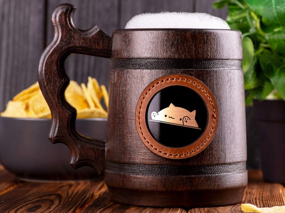 Bongo Cat Mug, Personalized Beer Stein, Fun Beer Mug, Custom Tankard, Wooden Gift For Men, Anniversary Gift For Daddy