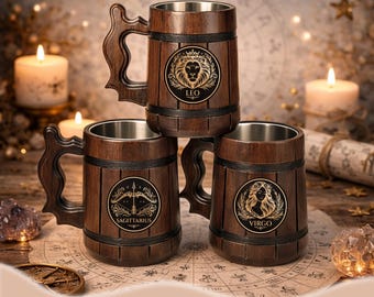 Custom Zodiac Tankard, Personalized Wooden Beer Mug, 17oz/500ml