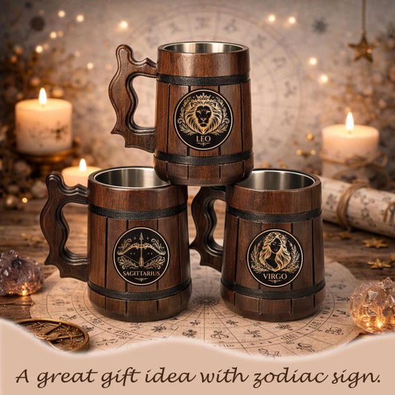 Custom Zodiac Tankard, Personalized Wooden Beer Mug, 17oz/500ml