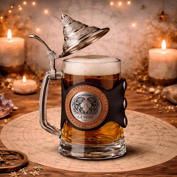 Custom Zodiac Beer Mug Glass w/ Metal Lid & Leather Belt, Astrology Gift, 500ml