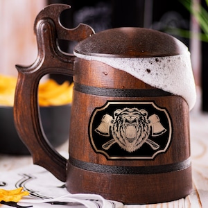 Bear Beer Mug With Lid, Personalized Groomsman Beer Stein, Wedding Beer Set, Wooden Gift For Men, Custom Beer Tankard, Gift For Daddy