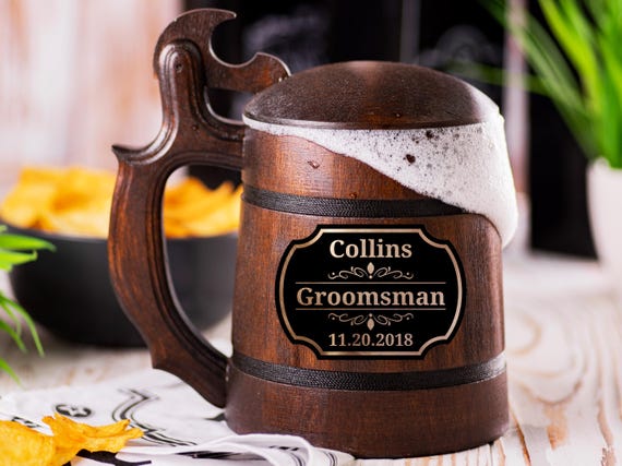 Wooden Beer Stein with Personalization, Groomsman Mug Gift, Christmas Gift for Dad, Engraved Beer Tankard with Handle