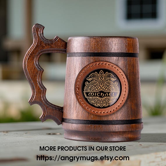 Personalized Celtic Dragon Wooden Beer Mug 22oz | Handmade Viking Stein with Steel Liner