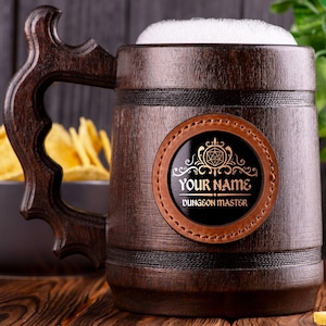 Dungeon Master Beer Mug, DM Beer Stein, Gift Ideas For Men, Dungeons and Dragons Tankard, Wooden Gift For Men, D&D, Gift For Gamer