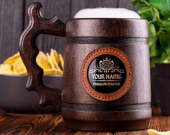 Dungeon Master Beer Mug, DM Beer Stein, Gift Ideas For Men, Dungeons and Dragons Tankard, Wooden Gift For Men, D&D, Gift For Gamer