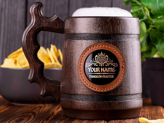 Dungeon Master Beer Mug, DM Beer Stein, Gift Ideas For Men, Dungeons and Dragons Tankard, Wooden Gift For Men, D&D, Gift For Gamer