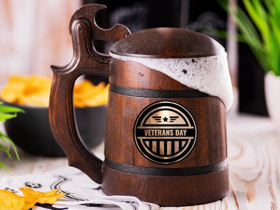 Veterans Day Beer Mug With Lid, Personalized Stein, Patriotic Beer Mug, Wooden Gift For Men, Custom Tankard, Anniversary Gift For Daddy