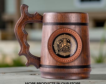 Personalized Viking Beer Mug, Handmade Oak Wooden Tankard, Custom Name Gift for Him