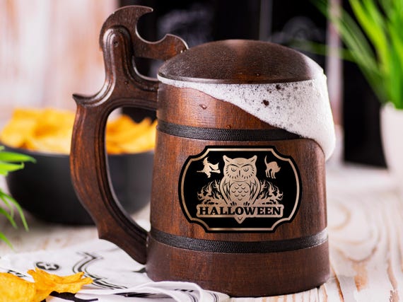 Owl Beer Mug With Lid,  Happy Halloween Gift Stein, Personalized Beer Mug, Wooden Gift For Men, Custom Beer Tankard, Gift For Daddy