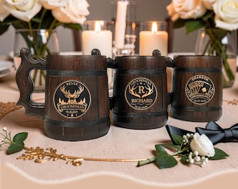 Personalized Oak Beer Mug for Groomsmen, Handcrafted Wooden Stein, Wedding Gift