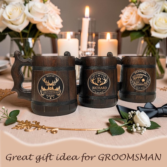Personalized Oak Beer Mug for Groomsmen, Handcrafted Wooden Stein, Wedding Gift